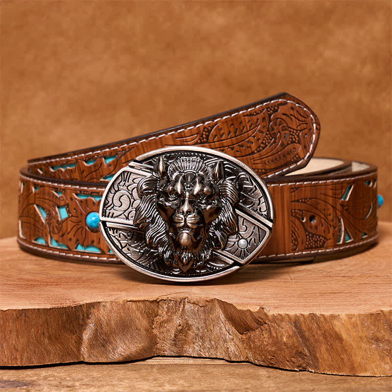 Men's DIY Lion Insignia Hidden Folding Knife Leather Belt - Lion - Turquoise Carved Belt - 42 - image 6