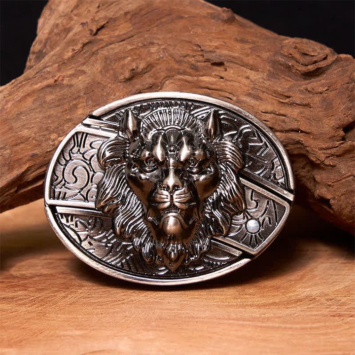 Men's DIY Lion Insignia Hidden Folding Knife Leather Belt