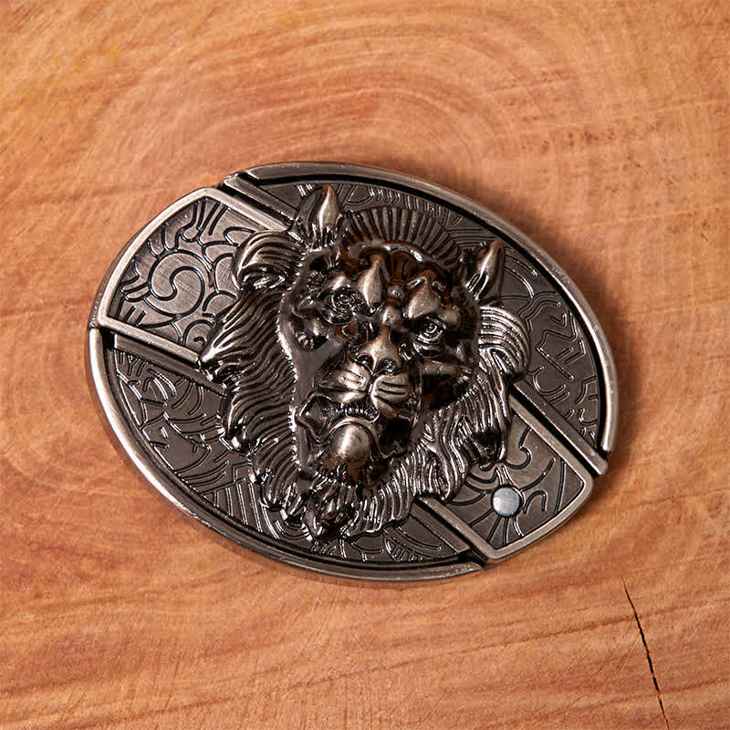 Men's DIY Lion Insignia Hidden Folding Knife Leather Belt