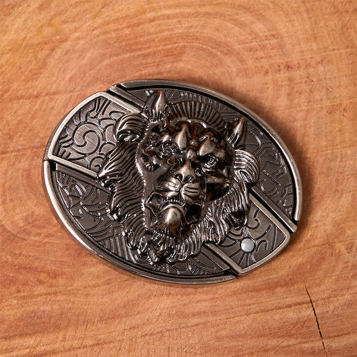 Men's DIY Lion Insignia Hidden Folding Knife Leather Belt