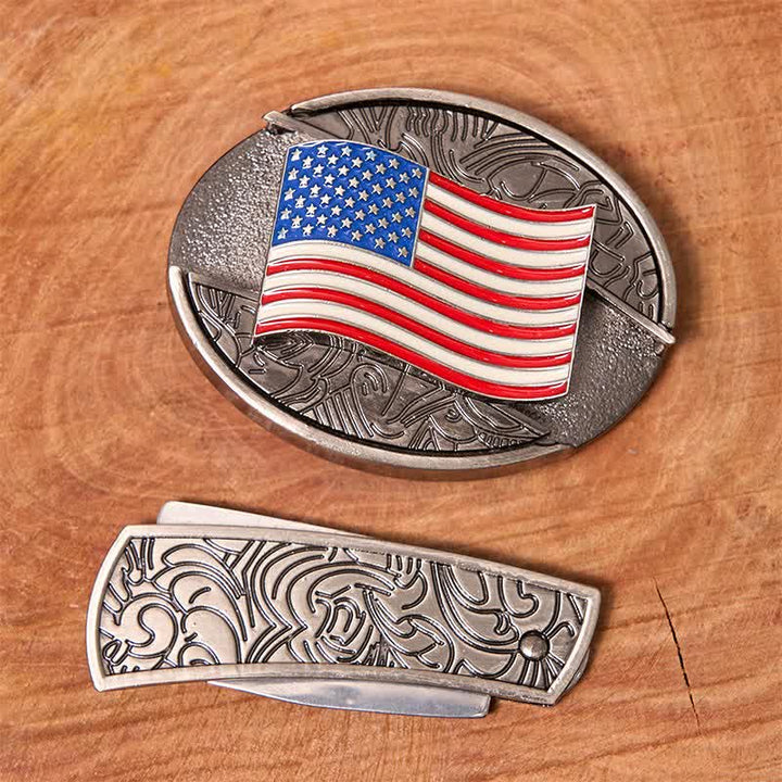 Men's DIY American Flag Hidden Folding Knife Leather Belt - image 2