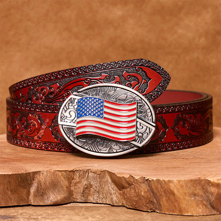 Men's DIY American Flag Hidden Folding Knife Leather Belt - American Flag - Brown Carved Belt - 42 - image 5
