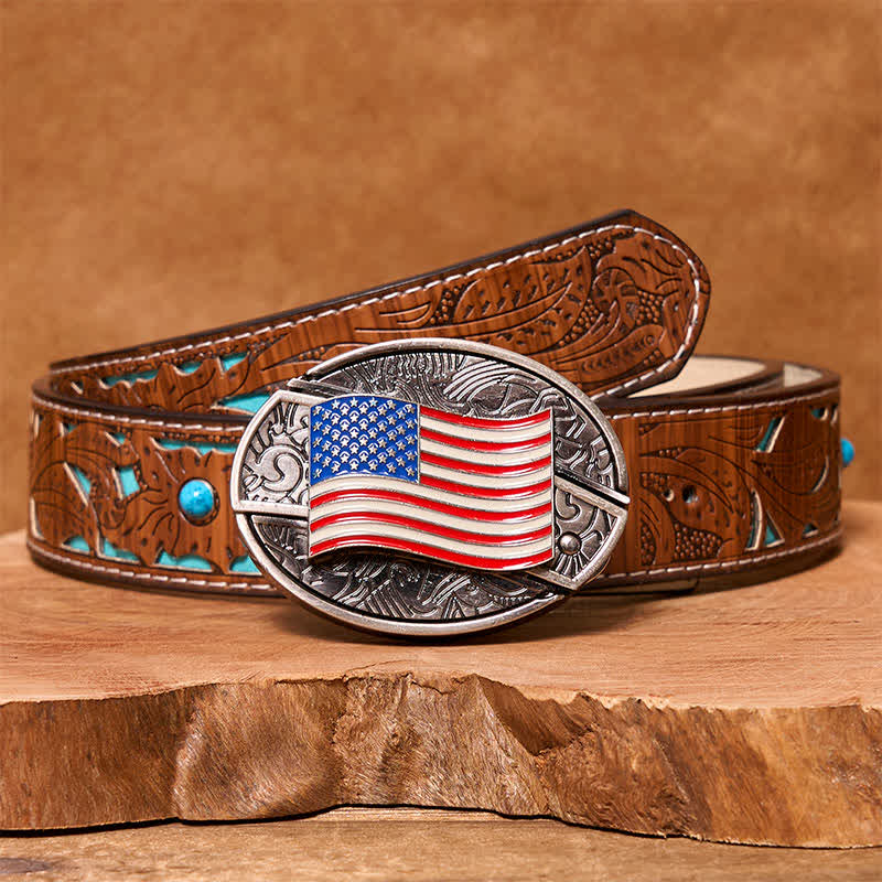 Men's DIY American Flag Hidden Folding Knife Leather Belt - American Flag - Turquoise Carved Belt - 42 - image 6