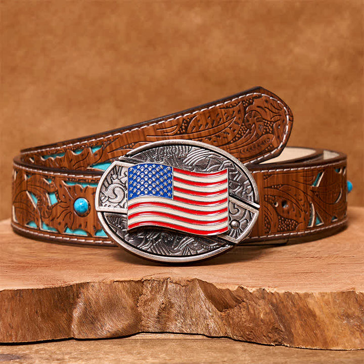 Men's DIY American Flag Hidden Folding Knife Leather Belt - American Flag - Turquoise Carved Belt - 42 - image 6
