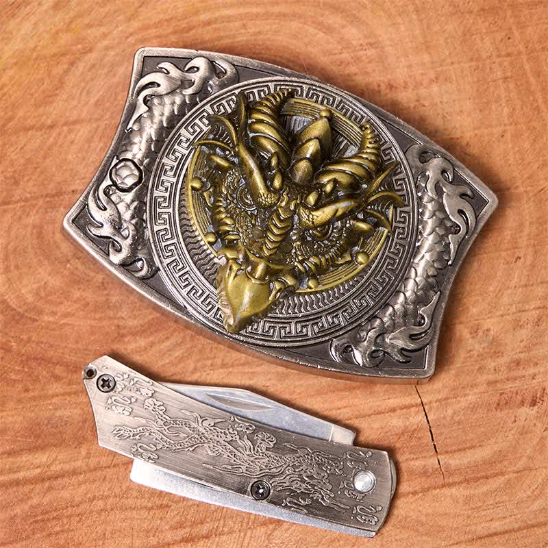 Men's DIY Sharp-billed Dragon Hidden Folding Knife Leather Belt