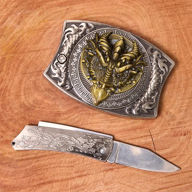 Men's DIY Sharp-billed Dragon Hidden Folding Knife Leather Belt