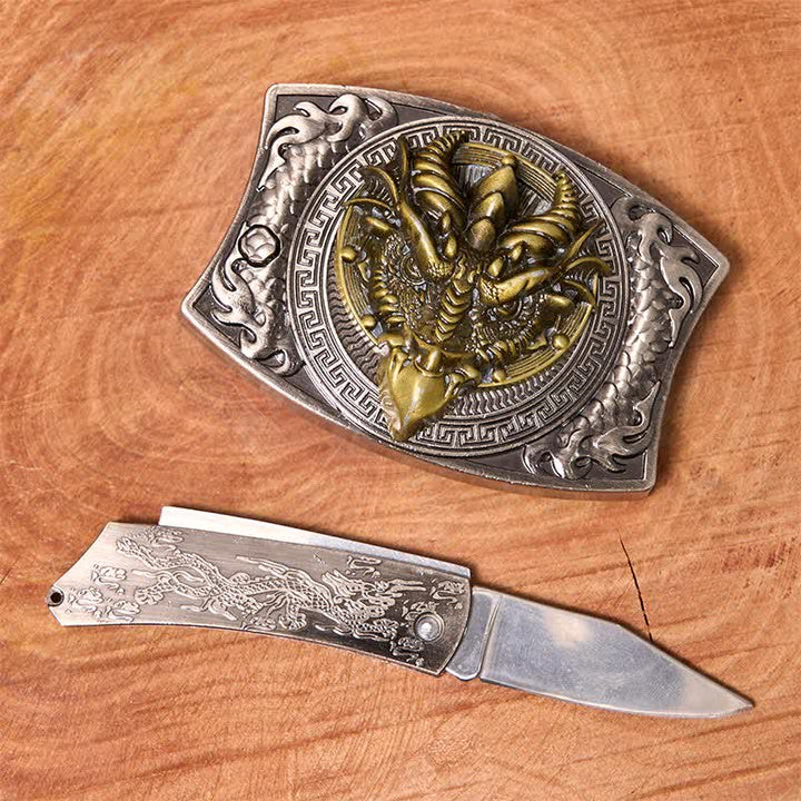 Men's DIY Sharp-billed Dragon Hidden Folding Knife Leather Belt