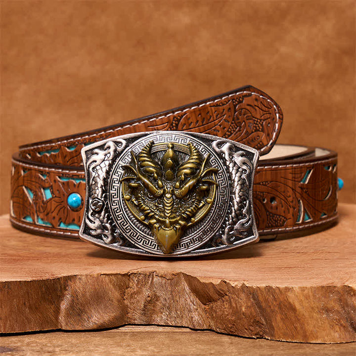 Men's DIY Sharp-billed Dragon Hidden Folding Knife Leather Belt - Sharp-billed Dragon - Turquoise Carved Belt - 42 - image 6