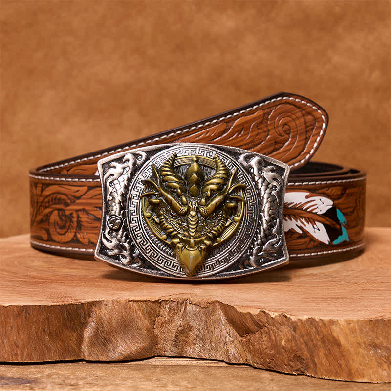Men's DIY Sharp-billed Dragon Hidden Folding Knife Leather Belt - Sharp-billed Dragon - Brown Feather Belt - 40 - image 9