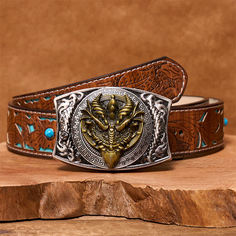 Men's DIY Sharp-billed Dragon Hidden Folding Knife Leather Belt - Sharp-billed Dragon - Turquoise Carved Belt - 42 - image 6