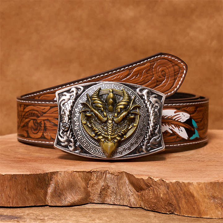 Men's DIY Sharp-billed Dragon Hidden Folding Knife Leather Belt - Sharp-billed Dragon - Brown Feather Belt - 40 - image 9