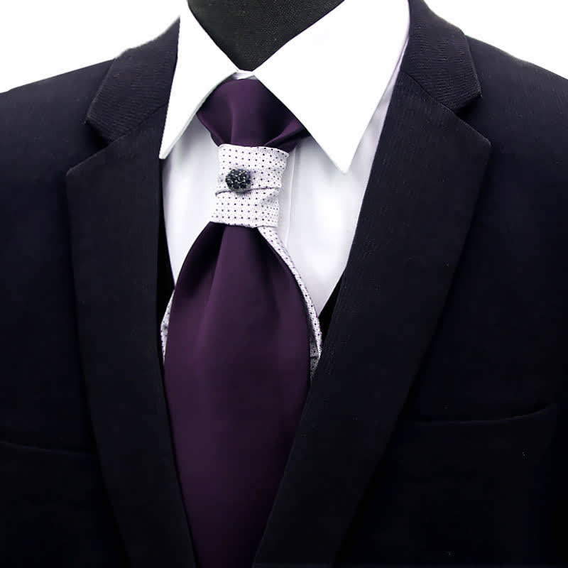 2Pcs Men's Pre-Tied Splicing Style Crystal Studded Necktie Pocket Square