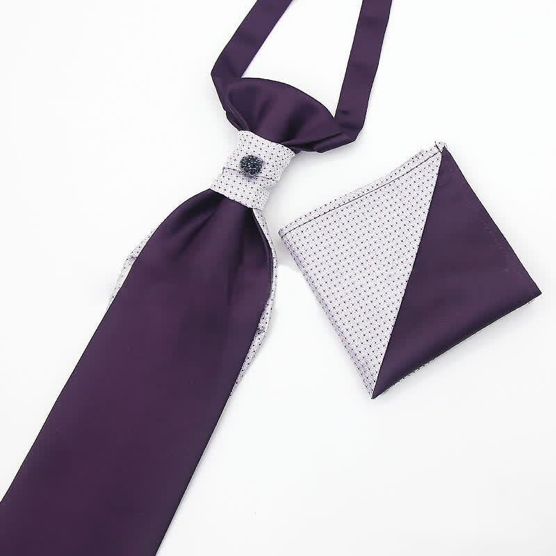 2Pcs Men's Pre-Tied Splicing Style Crystal Studded Necktie Pocket Square