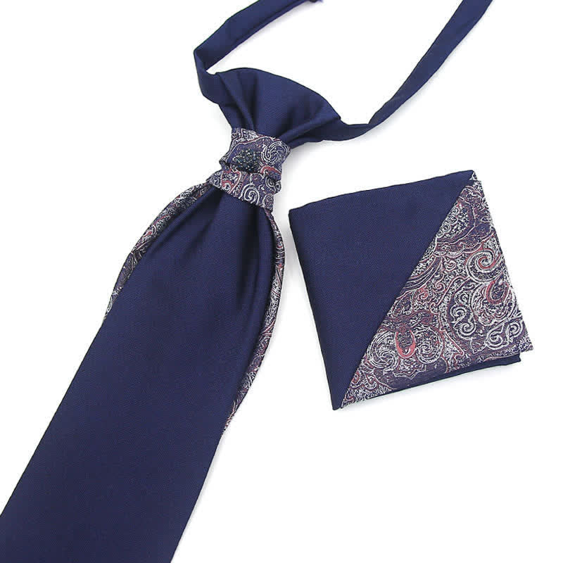2Pcs Men's Pre-Tied Splicing Style Crystal Studded Necktie Pocket Square - Navy Paisley - image 10