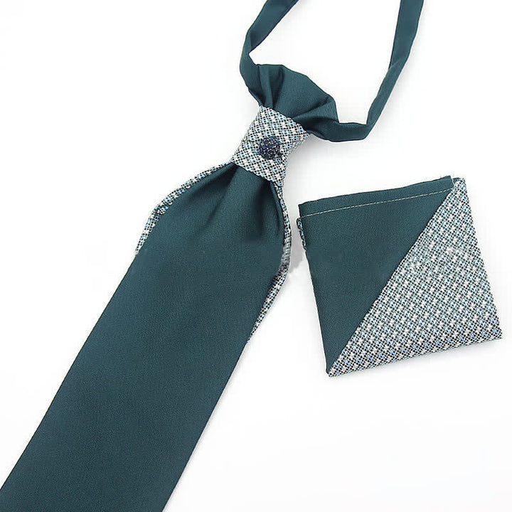 2Pcs Men's Pre-Tied Splicing Style Crystal Studded Necktie Pocket Square