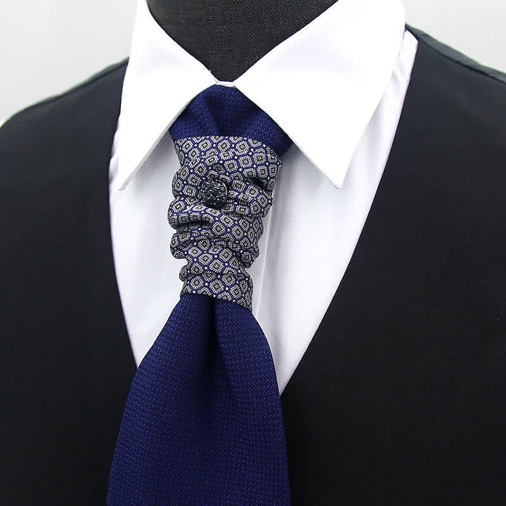 2Pcs Men's Pre-Tied Splicing Style Crystal Studded Necktie Pocket Square
