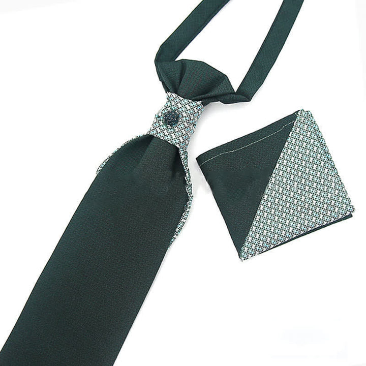 2Pcs Men's Pre-Tied Splicing Style Crystal Studded Necktie Pocket Square - Dark Green - image 6