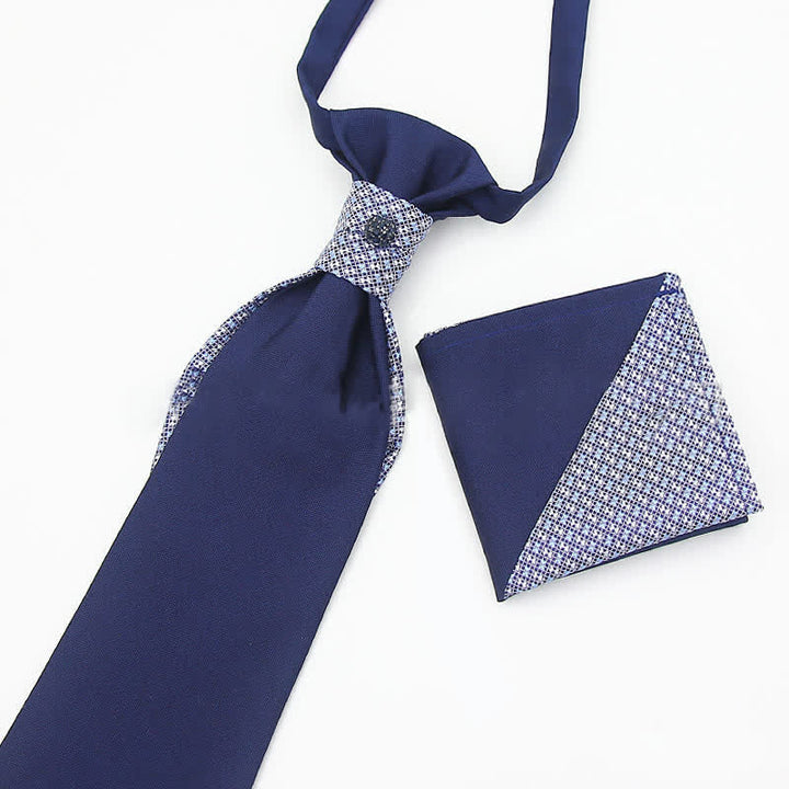 2Pcs Men's Pre-Tied Splicing Style Crystal Studded Necktie Pocket Square - Navy #2 - image 5