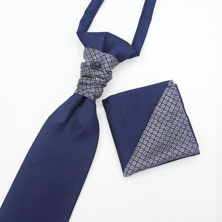 2Pcs Men's Pre-Tied Splicing Style Crystal Studded Necktie Pocket Square
