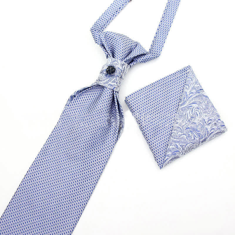 2Pcs Men's Pre-Tied Splicing Style Crystal Studded Necktie Pocket Square