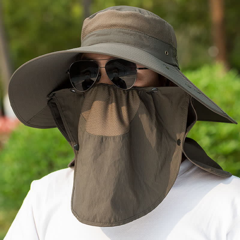 Men's Removable Neck Cover Foldable Big Brim Bucket Hat - Army Green - Adjustable (21 5/8"-22 7/8") - image 0