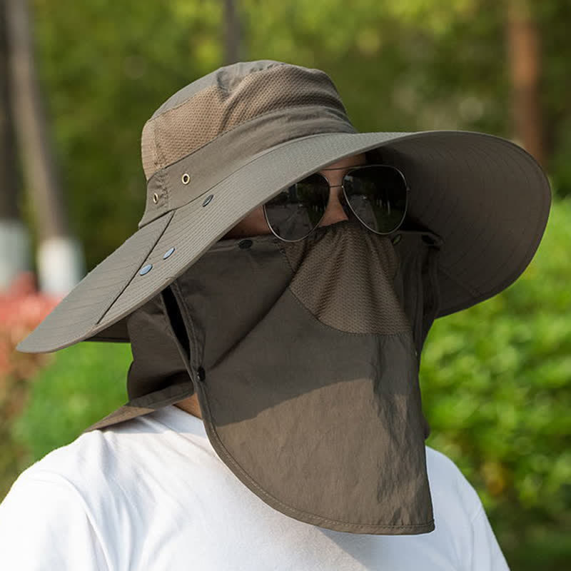 Men's Removable Neck Cover Foldable Big Brim Bucket Hat - image 1