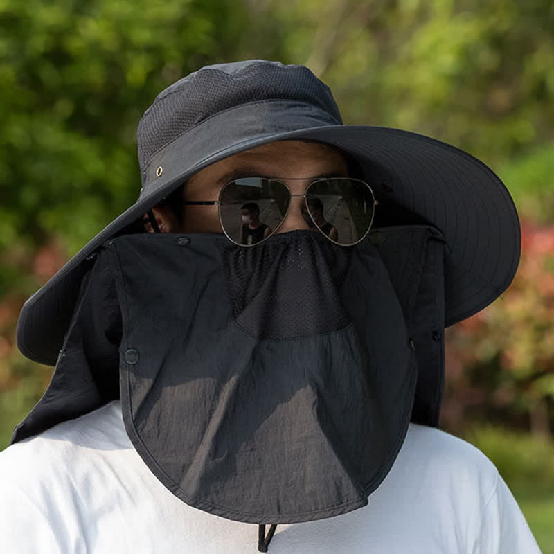 Men's Removable Neck Cover Foldable Big Brim Bucket Hat - Black - Adjustable (21 5/8"-22 7/8") - image 2