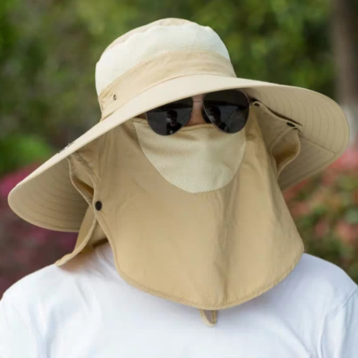 Men's Removable Neck Cover Foldable Big Brim Bucket Hat - Khaki - Adjustable (21 5/8"-22 7/8") - image 7
