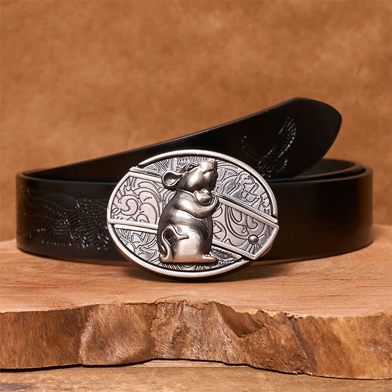 Men's DIY Hamster Hidden Folding Knife Leather Belt - Hamster - Black Embossed Eagle Belt - 42 - image 4
