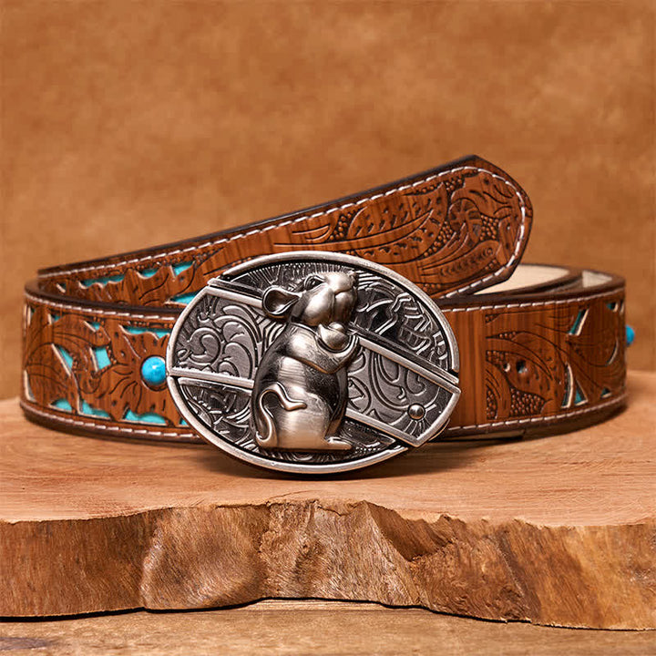 Men's DIY Hamster Hidden Folding Knife Leather Belt - Hamster - Turquoise Carved Belt - 42 - image 5