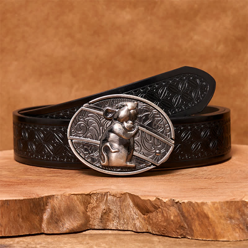 Men's DIY Hamster Hidden Folding Knife Leather Belt - Hamster - Black Embossed Weave Belt - 42 - image 6