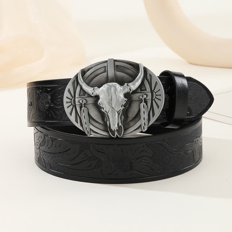 Men's Engraved Mad Bull Leather Belt - Black / Silver - 42 - image 10
