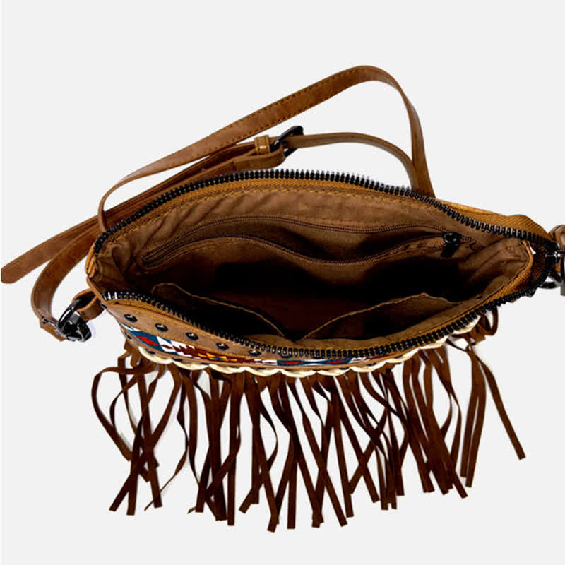 Women's Western Pattern Blue Aztec Fringe Crossbody Bag