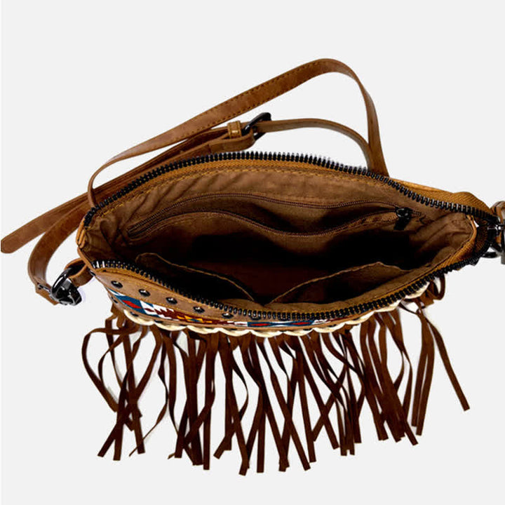 Women's Western Pattern Blue Aztec Fringe Crossbody Bag