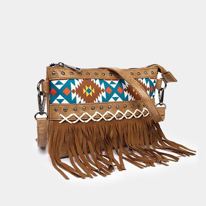 Women's Western Pattern Blue Aztec Fringe Crossbody Bag