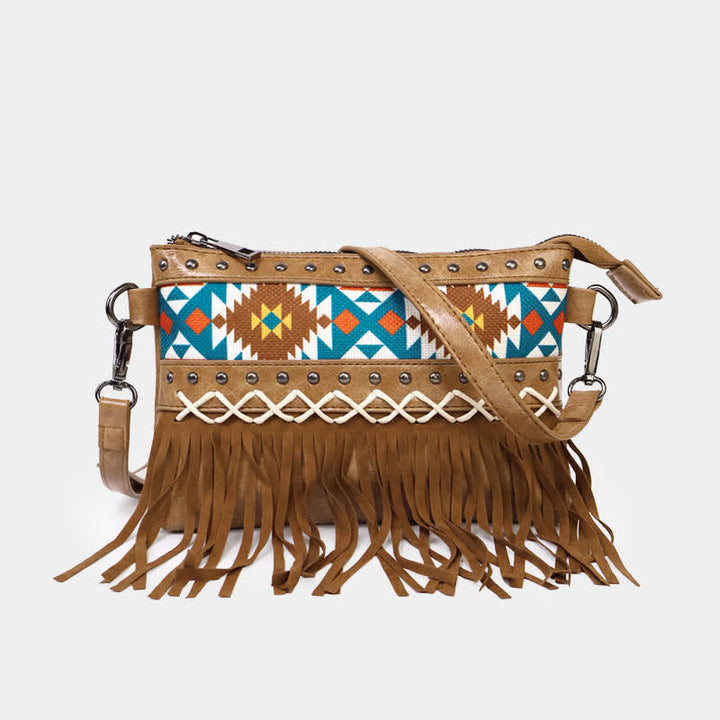 Women's Western Pattern Blue Aztec Fringe Crossbody Bag