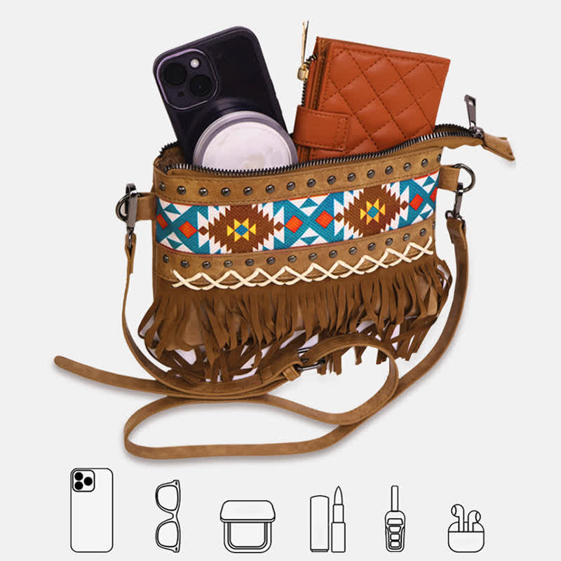 Women's Western Pattern Blue Aztec Fringe Crossbody Bag
