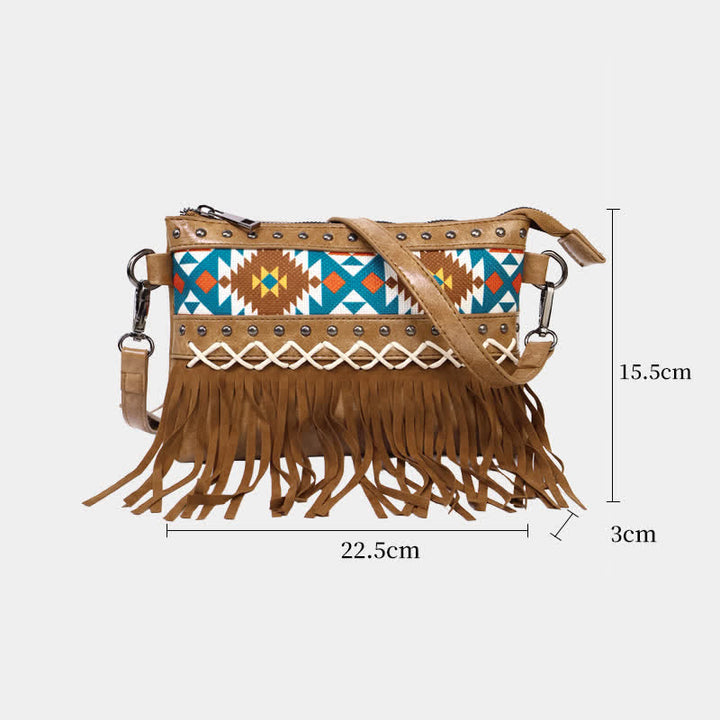 Women's Western Pattern Blue Aztec Fringe Crossbody Bag
