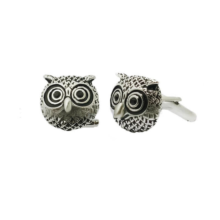 Men's 1 Pair Cute Owl Head Silver-Tone Cufflinks - Silver - image 1