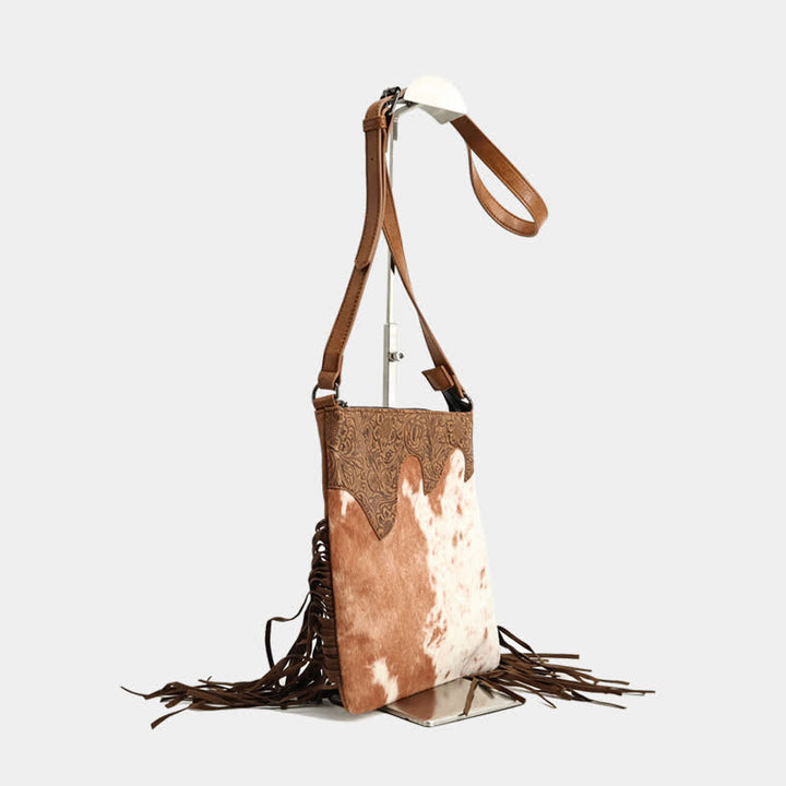 Women's Bohemian Cow Print Fringe Crossbody Bag