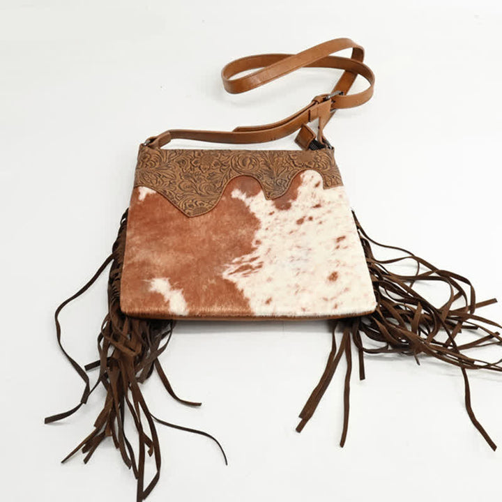 Women's Bohemian Cow Print Fringe Crossbody Bag