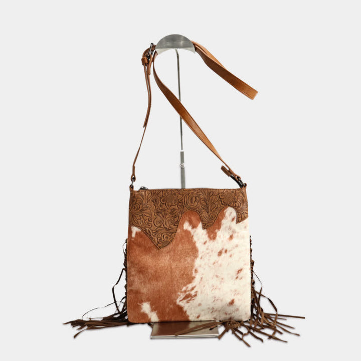 Women's Bohemian Cow Print Fringe Crossbody Bag - Brown & Ivory - image 0