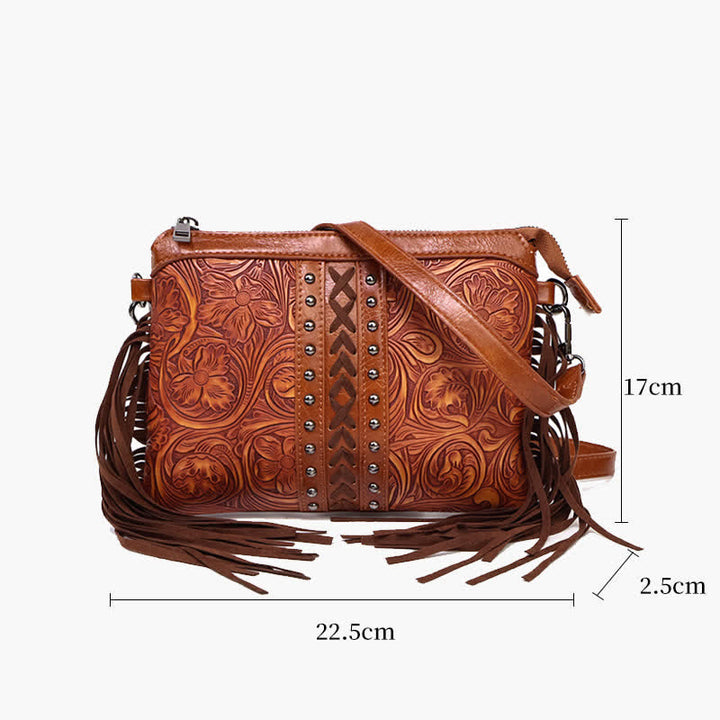 Women's Engraved Boho Flower Pattern Fringe Crossbody Bag