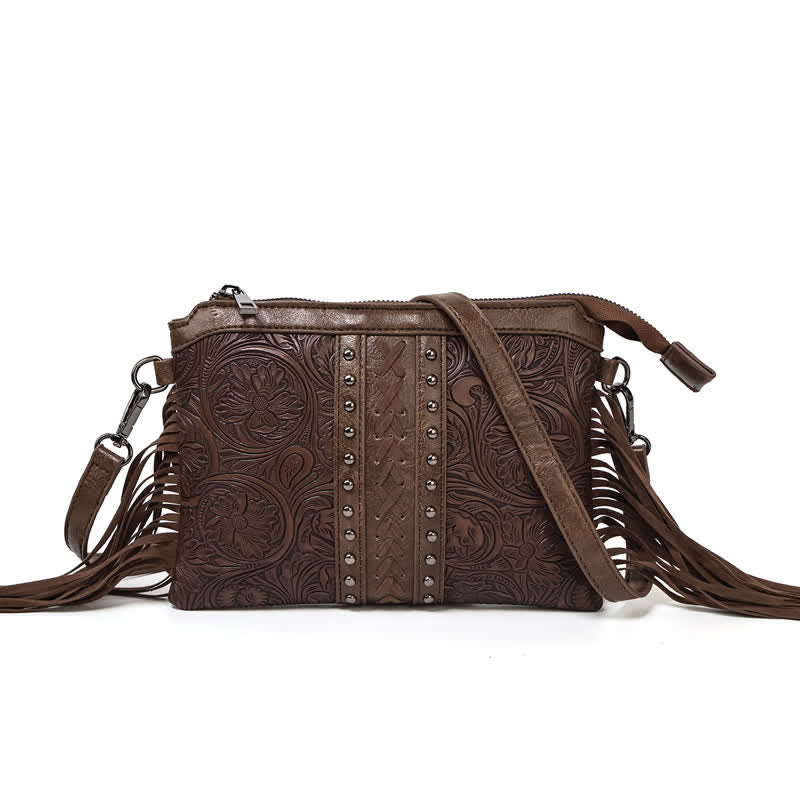 Women's Engraved Boho Flower Pattern Fringe Crossbody Bag