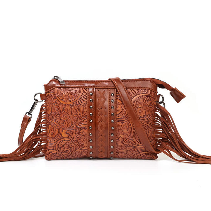 Women's Engraved Boho Flower Pattern Fringe Crossbody Bag