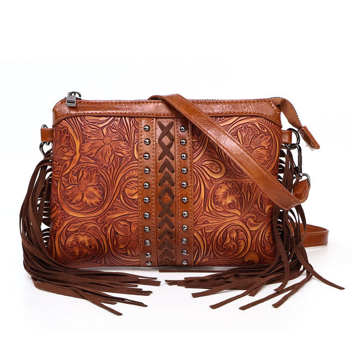 Women's Engraved Boho Flower Pattern Fringe Crossbody Bag