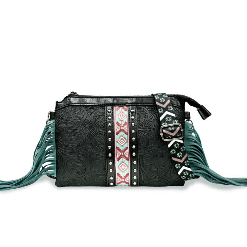 Women's Engraved Boho Flower Pattern Fringe Crossbody Bag