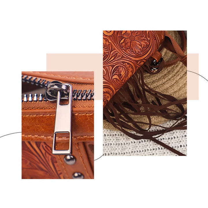 Women's Engraved Boho Flower Pattern Fringe Crossbody Bag