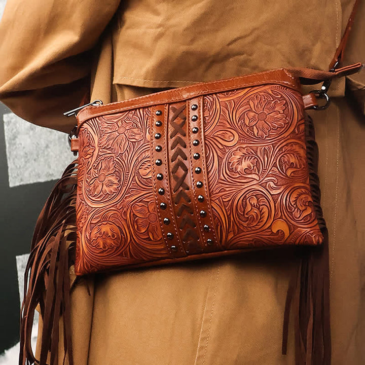 Women's Engraved Boho Flower Pattern Fringe Crossbody Bag - image 2