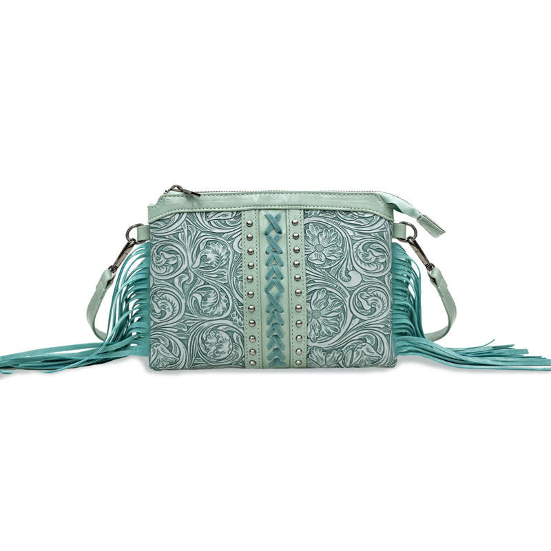 Women's Engraved Boho Flower Pattern Fringe Crossbody Bag